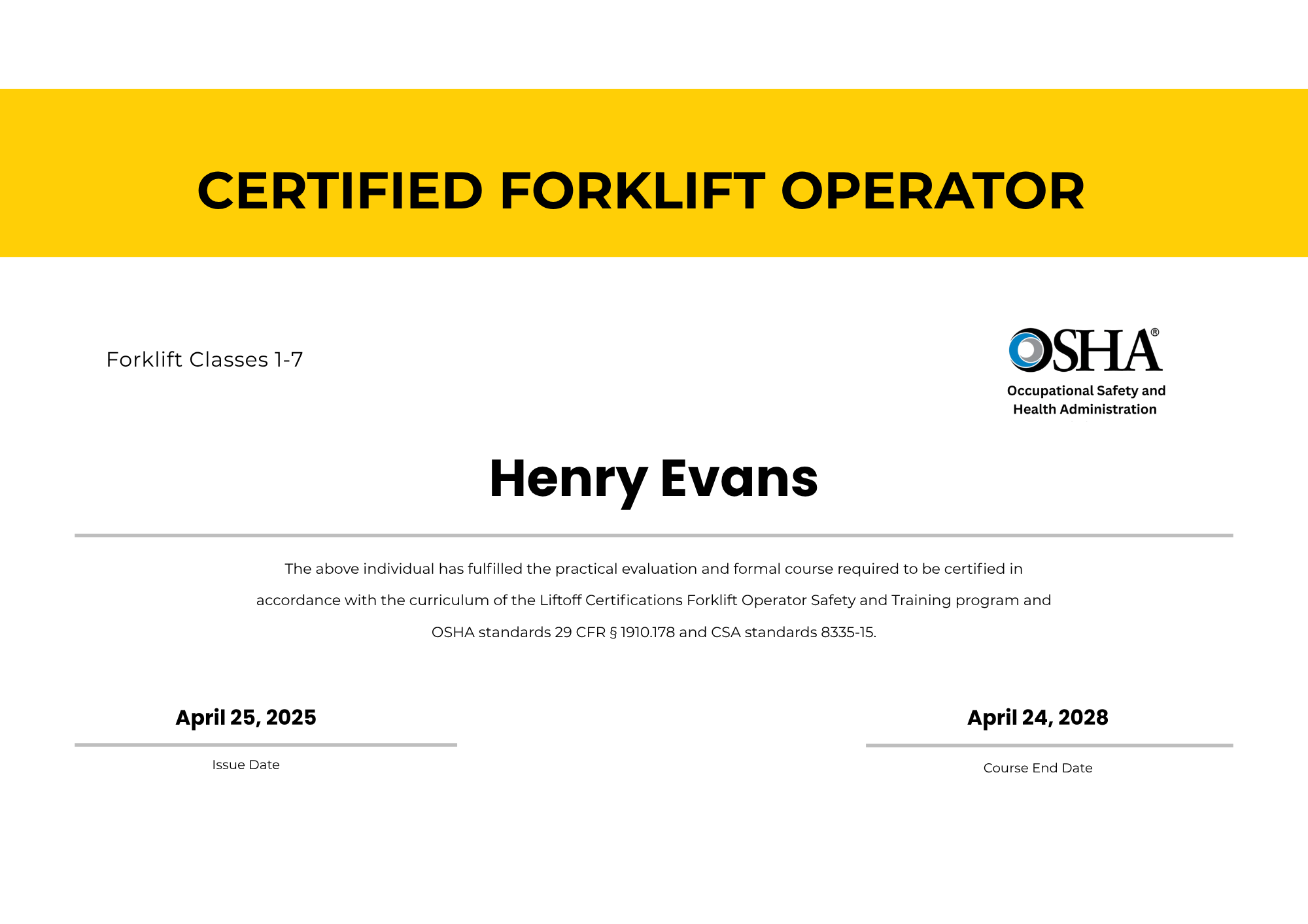 Classic OSHA Forklift Certification Card Template